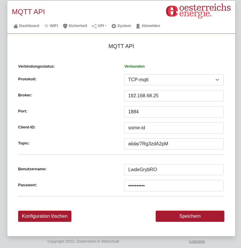 Screenshot of the MQTT configuration in the adapters's web interface