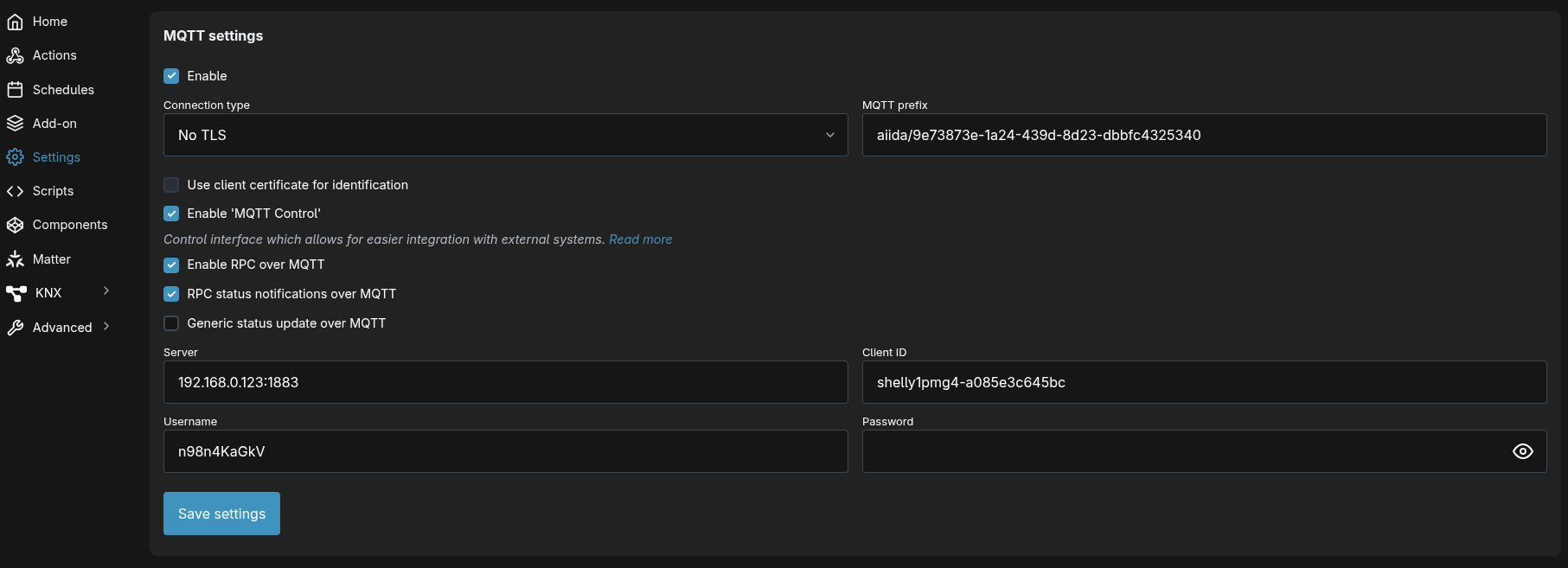 Shelly MQTT configuration